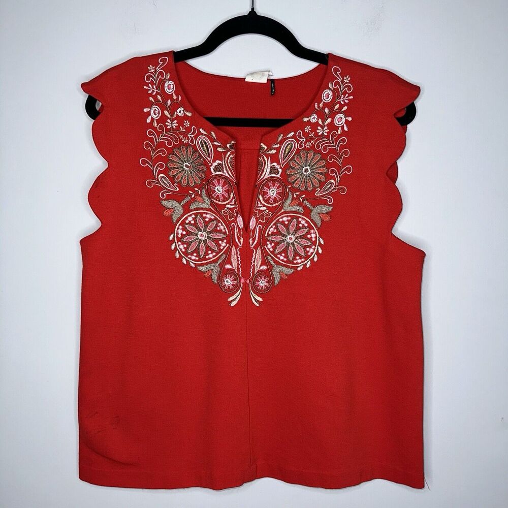 Akemi + Kin Anthropologie Bunch Scalloped Shell Top Red Orange Size Medium - Picture 1 of 7